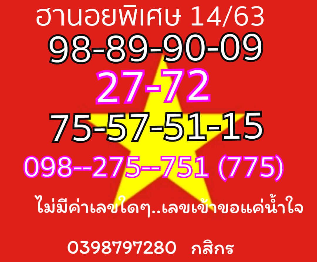 แนวทางหวยฮานอย 14/4/63 ชุดที่1