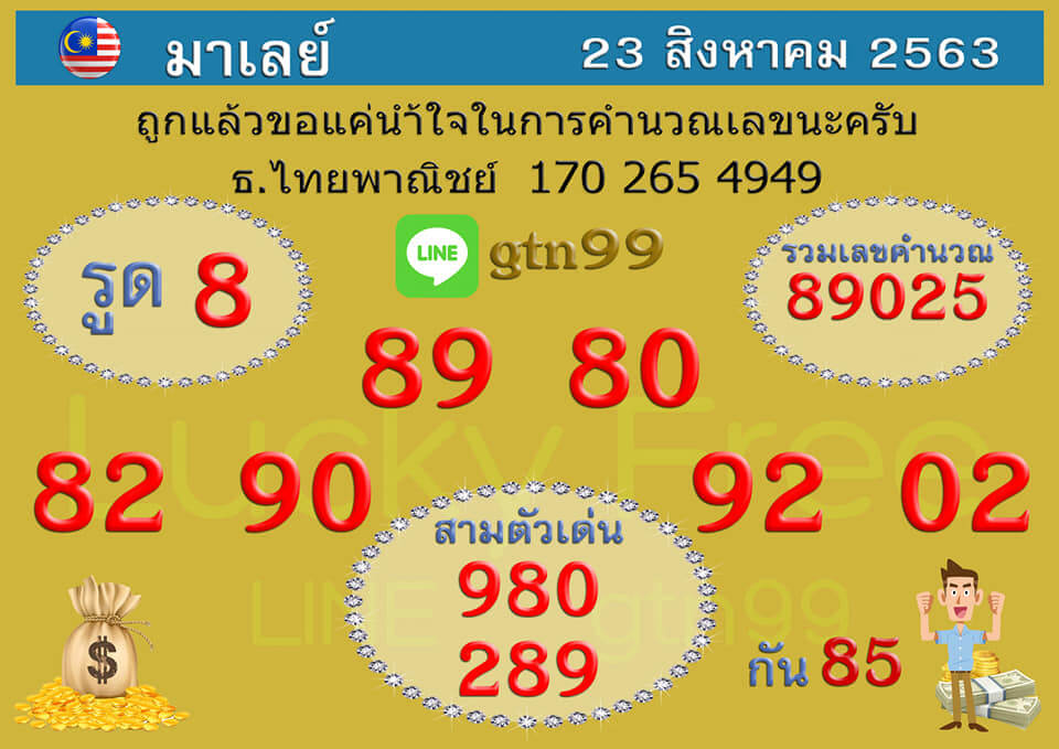 แนวทางหวยมาเลย์ 23/8/63 ชุดที่2