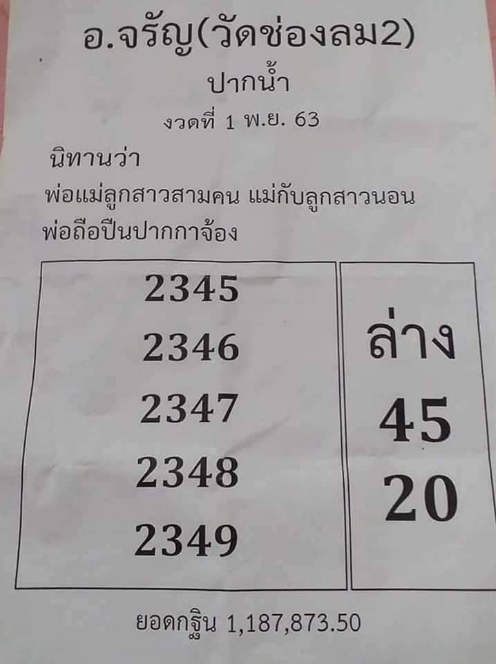 หวยอาจารย์จรัญ 1/11/63