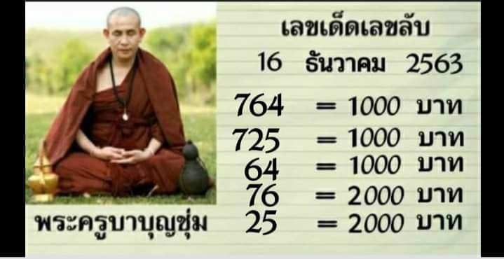 อัพเดทหวยเด็ดเลขดัง หวยพระครูบาบุญชุ่ม งวด16/12/63
