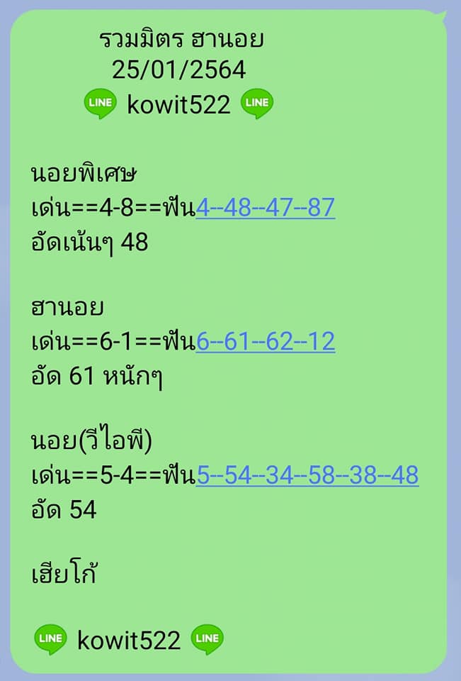 หวยฮานอยวันนี้ 25/1/64 ชุดที่6