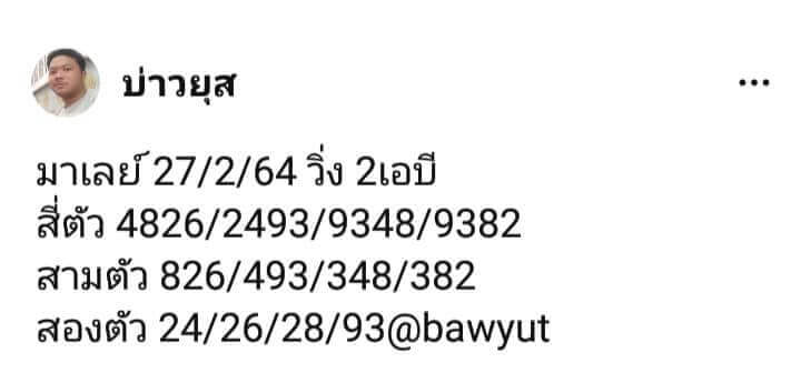 หวยมาเลย์วันนี้ 27/2/64 ชุดที่12