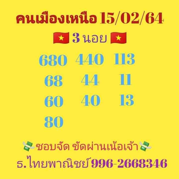 หวยฮานอยวันนี้ 15/2/64 ชุดที่1