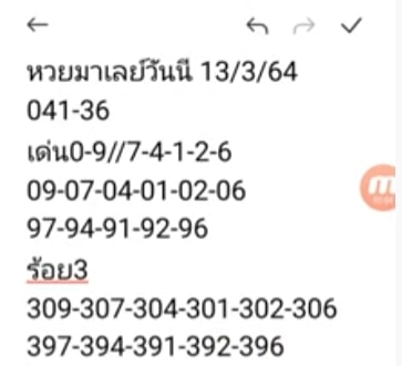 แนวทางหวยมาเลย์ 13/3/64 ชุดที่2