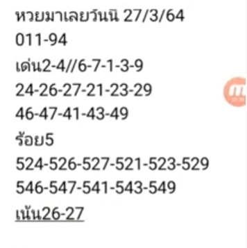 แนวทางหวยมาเลย์ 27/3/64 ชุดที่2