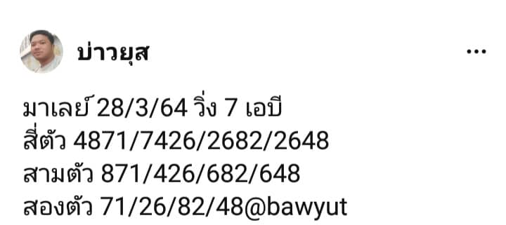 แนวทางหวยมาเลย์ 28/3/64 ชุดที่ 6