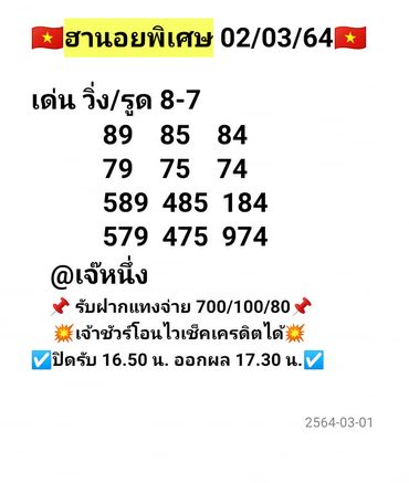 แนวทางหวยฮานอย 2/3/64 ชุดที่7