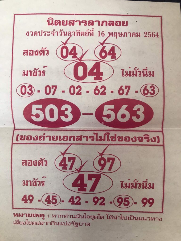 หวยลาภลอย 16/5/64