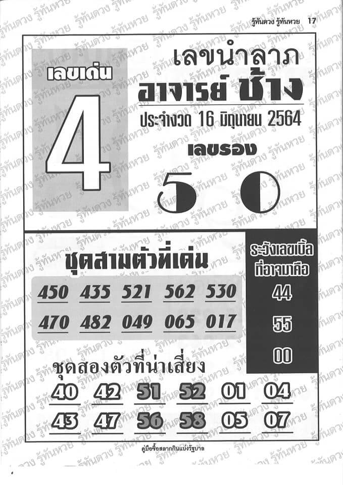 หวยอาจารย์ช้าง 16/6/64