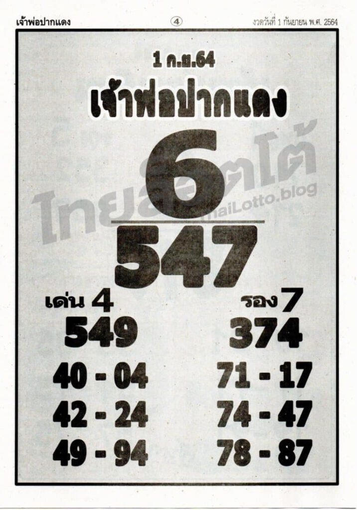 หวยเจ้าพ่อปากแดง 1/9/64