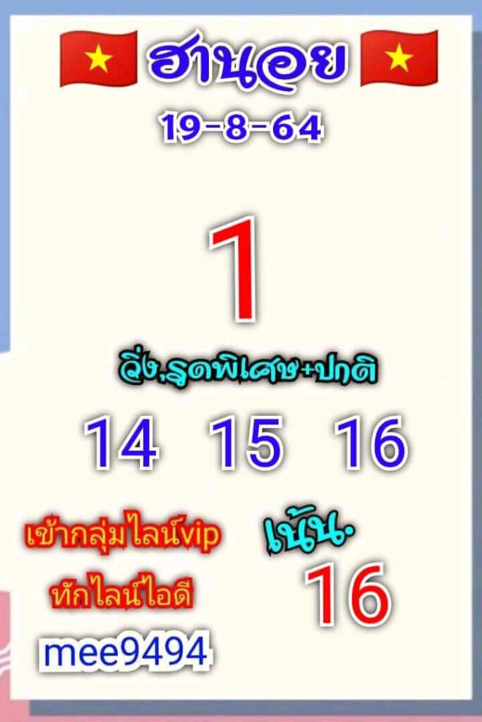 แนวทางหวยฮานอย 19/8/64 ชุดที่1