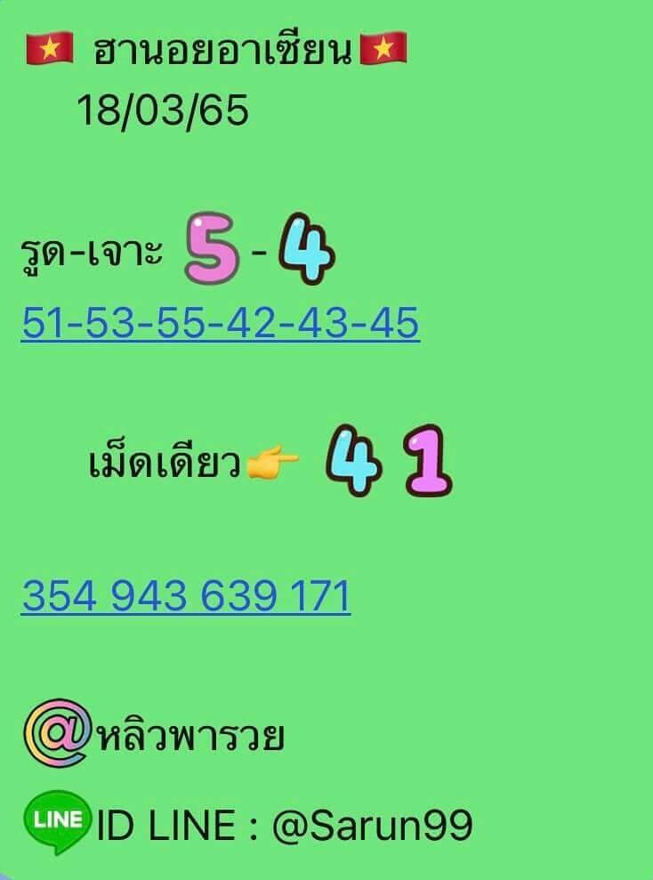 แนวทางหวยฮานอย 18/3/65 ชุดที่ 15