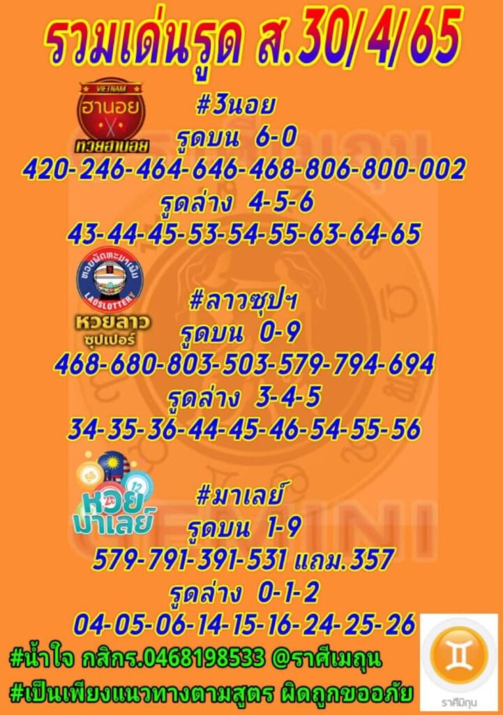 แนวทางหวยมาเลย์ 30/4/65 ชุดที่ 10