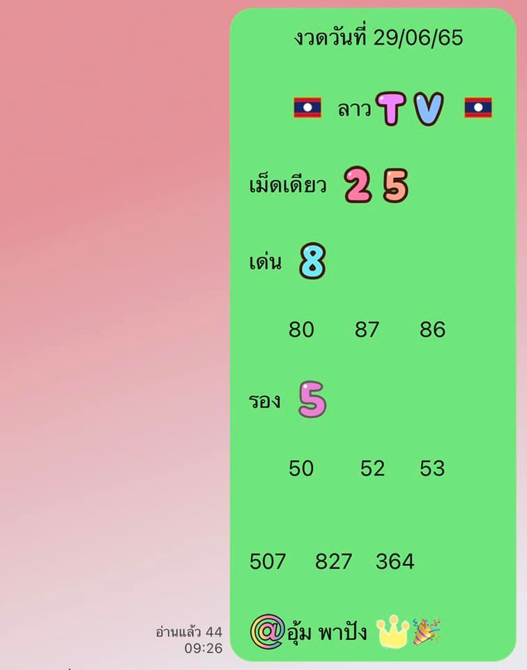 แนวทางหวยลาว 29/6/65 ชุดที่ 20