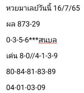 แนวทางหวยมาเลย์ 16/7/65 ชุดที่ 8