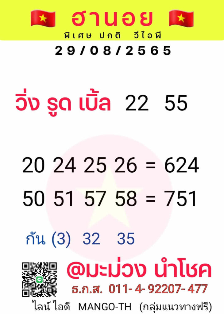 แนวทางหวยฮานอย 29/8/65 ชุดที่ 7