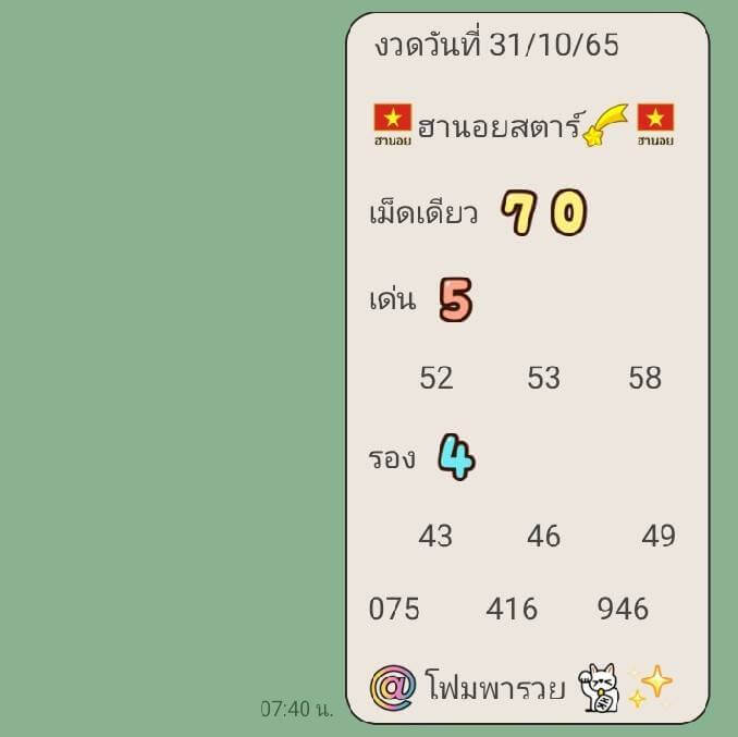 แนวทางหวยฮานอย 31/10/65 ชุดที่ 14