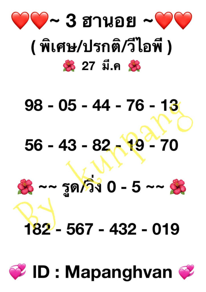 แนวทางหวยฮานอย 27/3/66 ชุดที่ 17