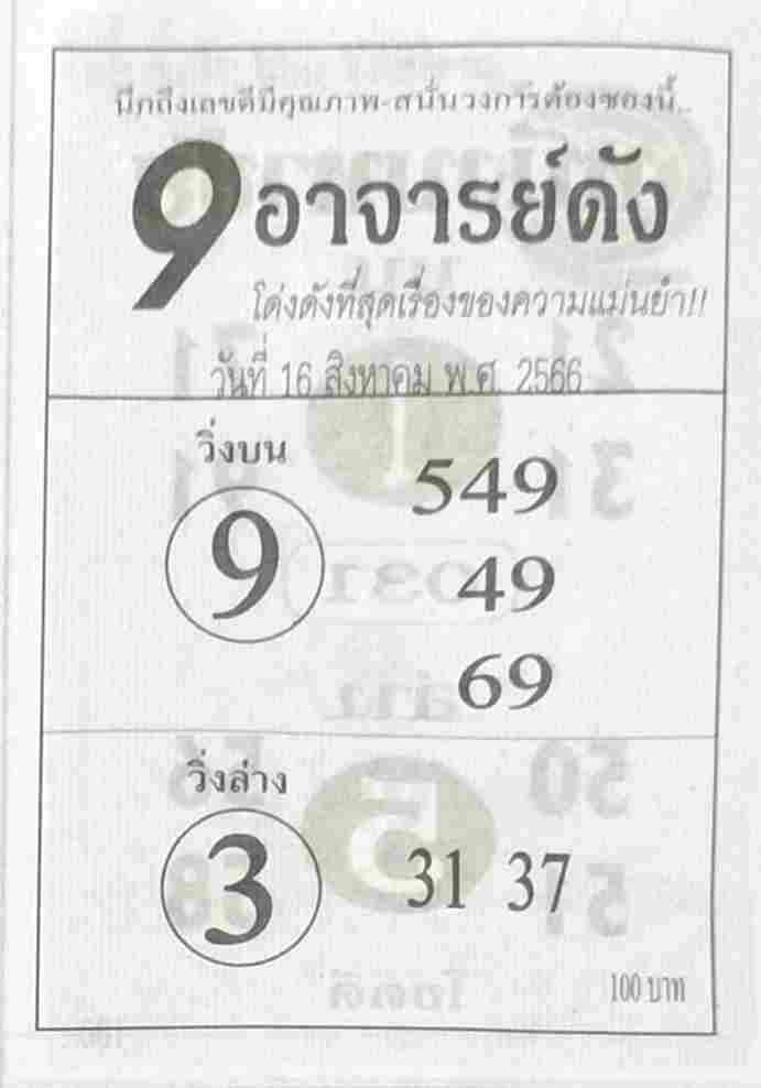 หวย9อาจารย์ดัง 16/8/66
