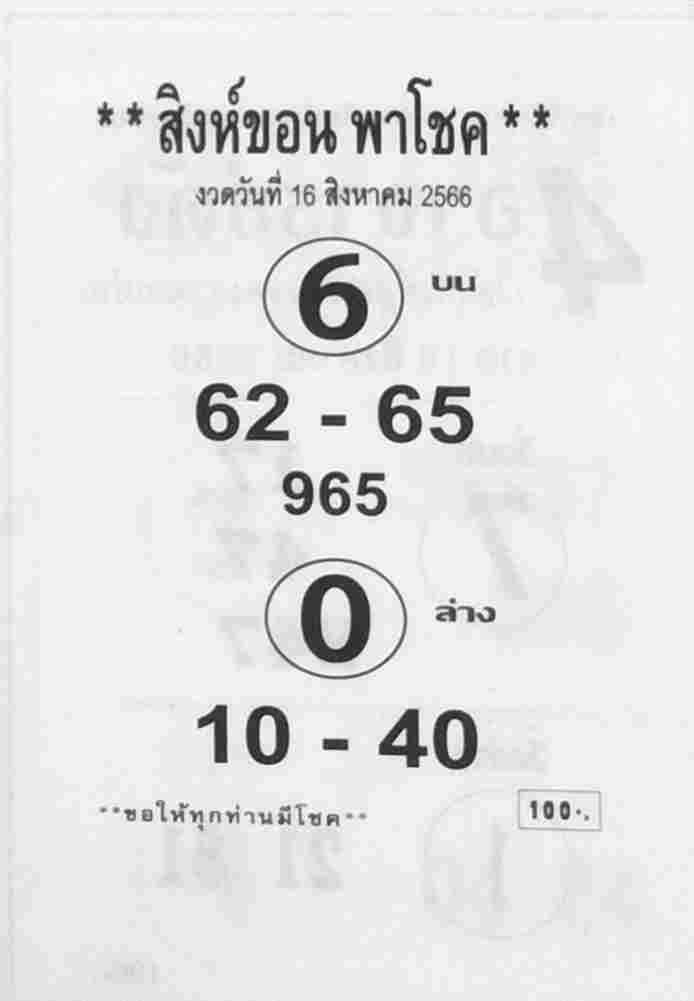 หวยสิงห์ขอน 16/8/66