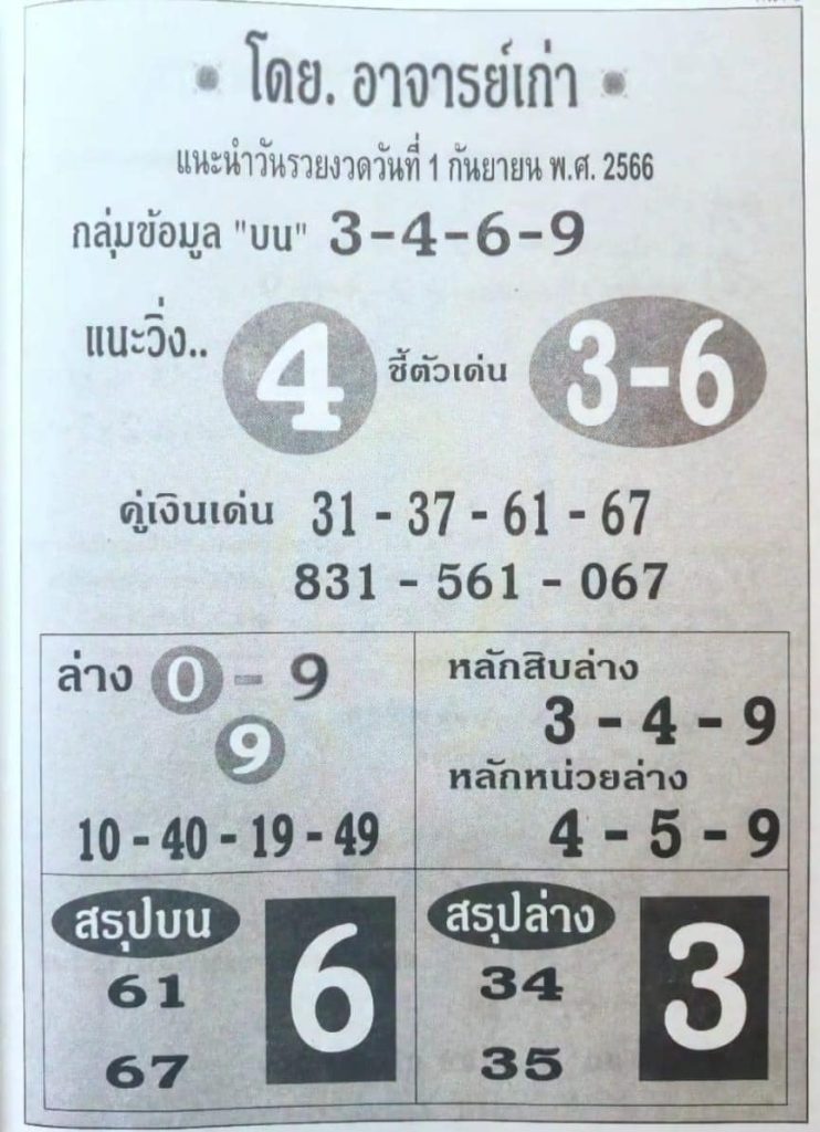 หวยอาจารย์เก่า 1/9/66