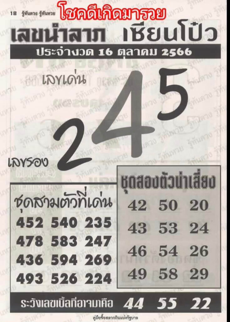 เลขนำลาภเซียนโป๋ว 16/10/66