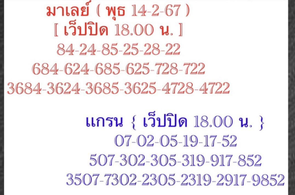 หวยมาเลย์ 14-2-67 ชุด 8