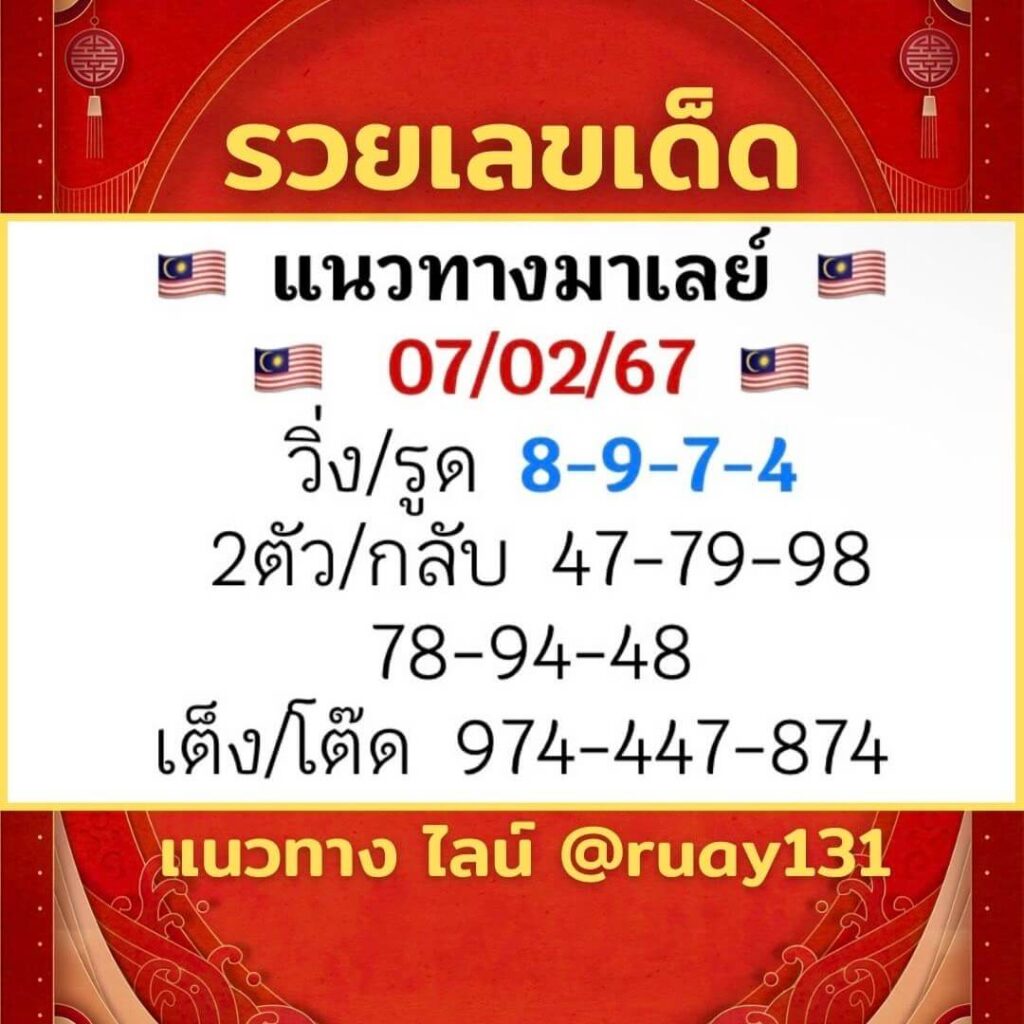 หวยมาเลย์ 7-2-67 ชุด 1