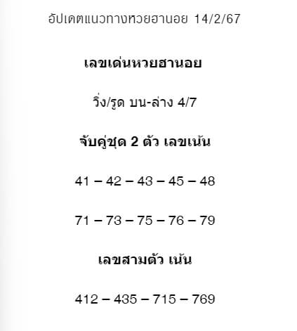 หวยฮานอย 14-2-67 ชุด4