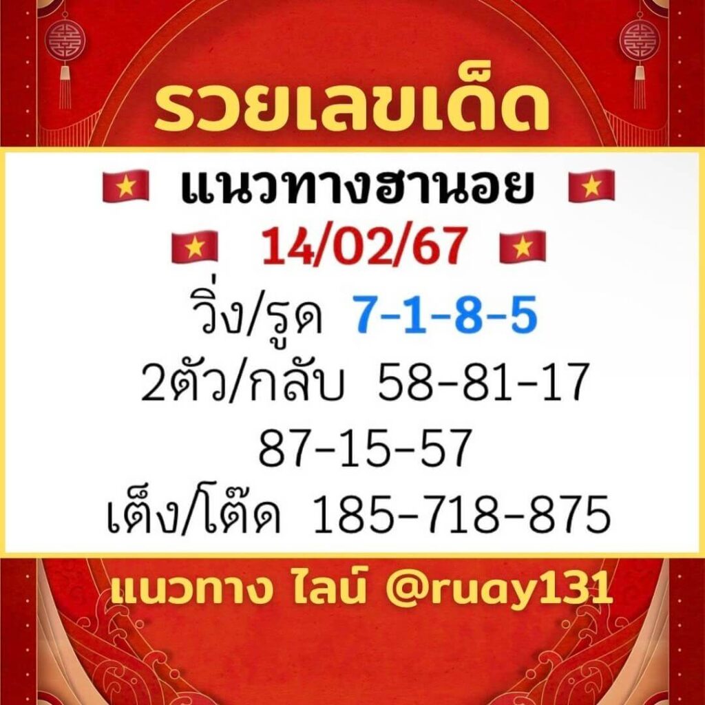 หวยฮานอย 14-2-67 ชุด5