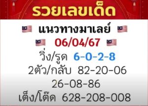 แนวทางหวยมาเลย์ 6/4/67 ชุดที่ 6