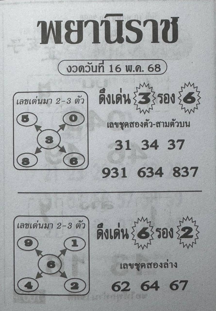 หวยพยานิราช 16/5/68