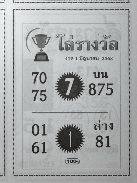 หวยโล่รางวัล 1/6/68