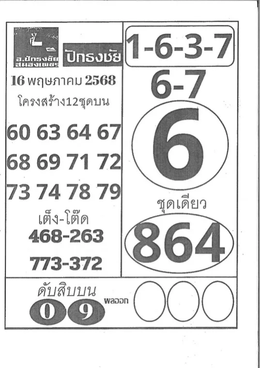 หวยปักธงชัย 16/5/68