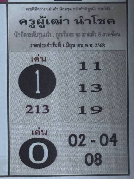 หวยครูผู้เฒ่านำโชค 1/6/68