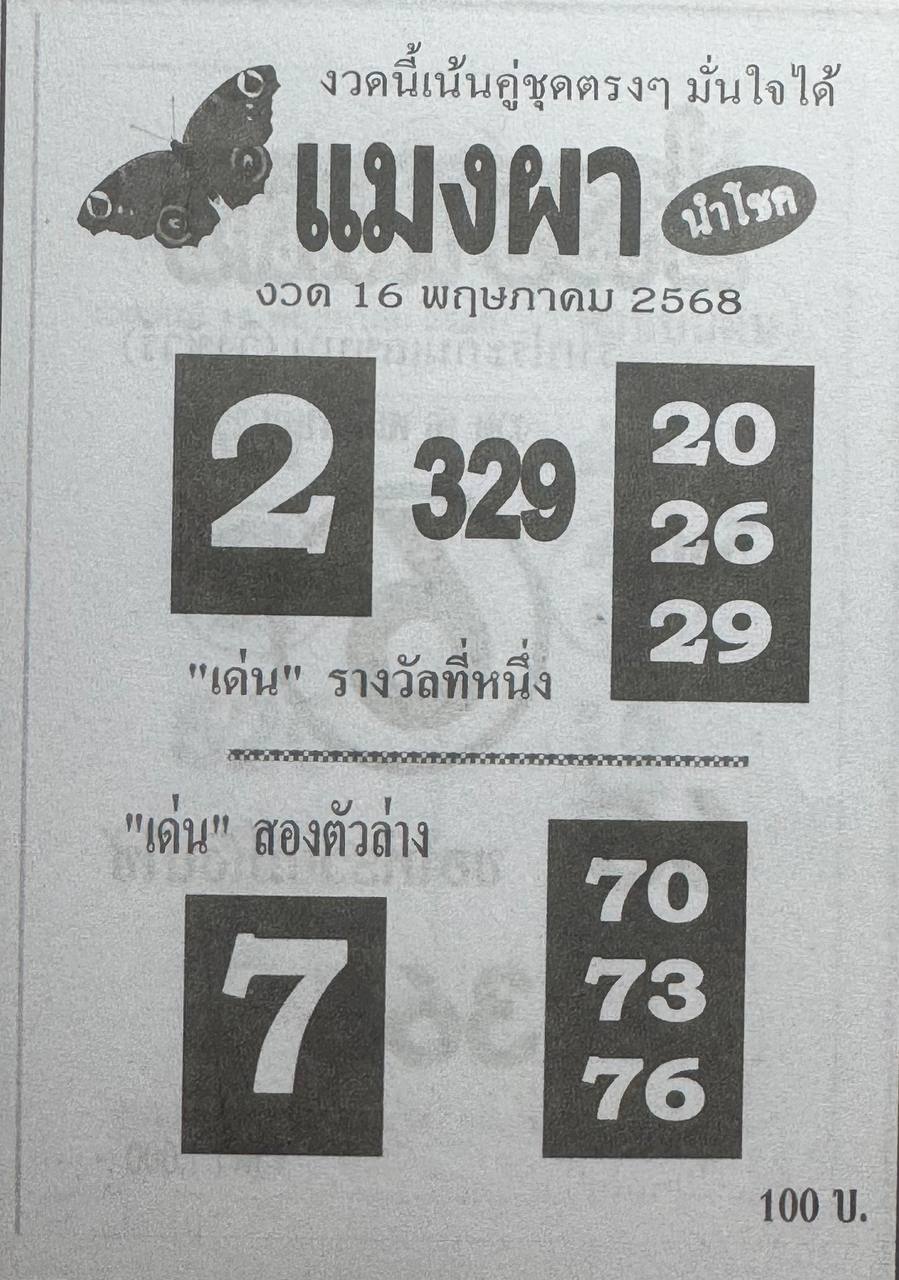 หวยแมงผา 16/5/68