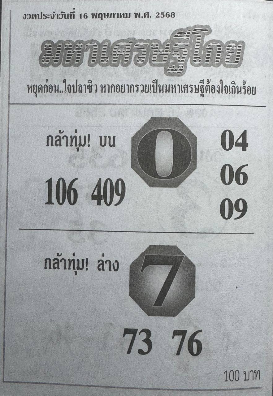 หวยมหาเศรษฐีโกย 16/5/68