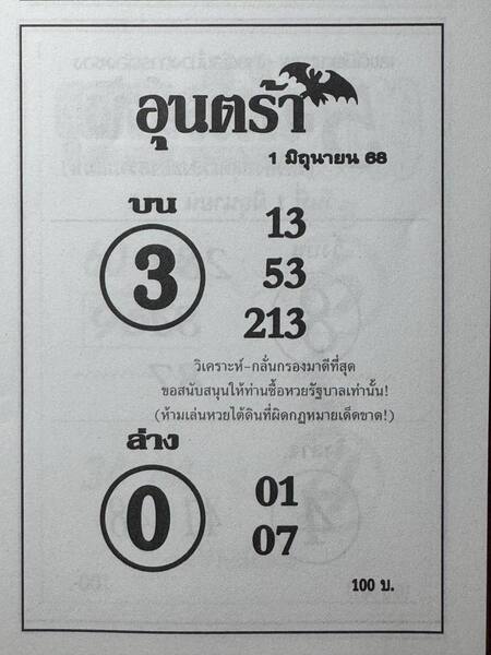 หวยอุนตร้า 1/6/68